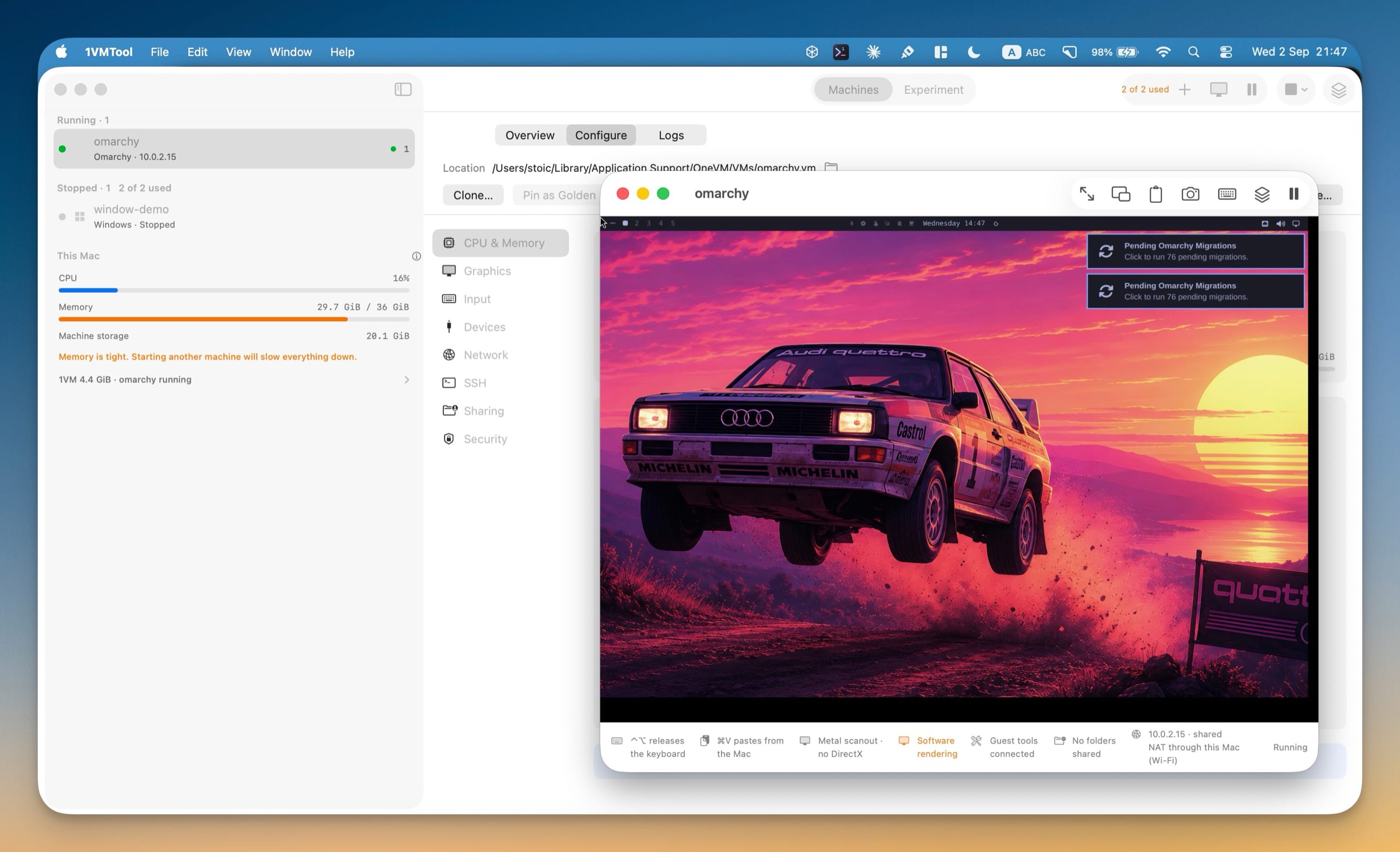 The Omarchy Hyprland desktop running in a 1VMTool console window, with a status strip reading software rendering, Metal scanout with no DirectX, and guest tools connected