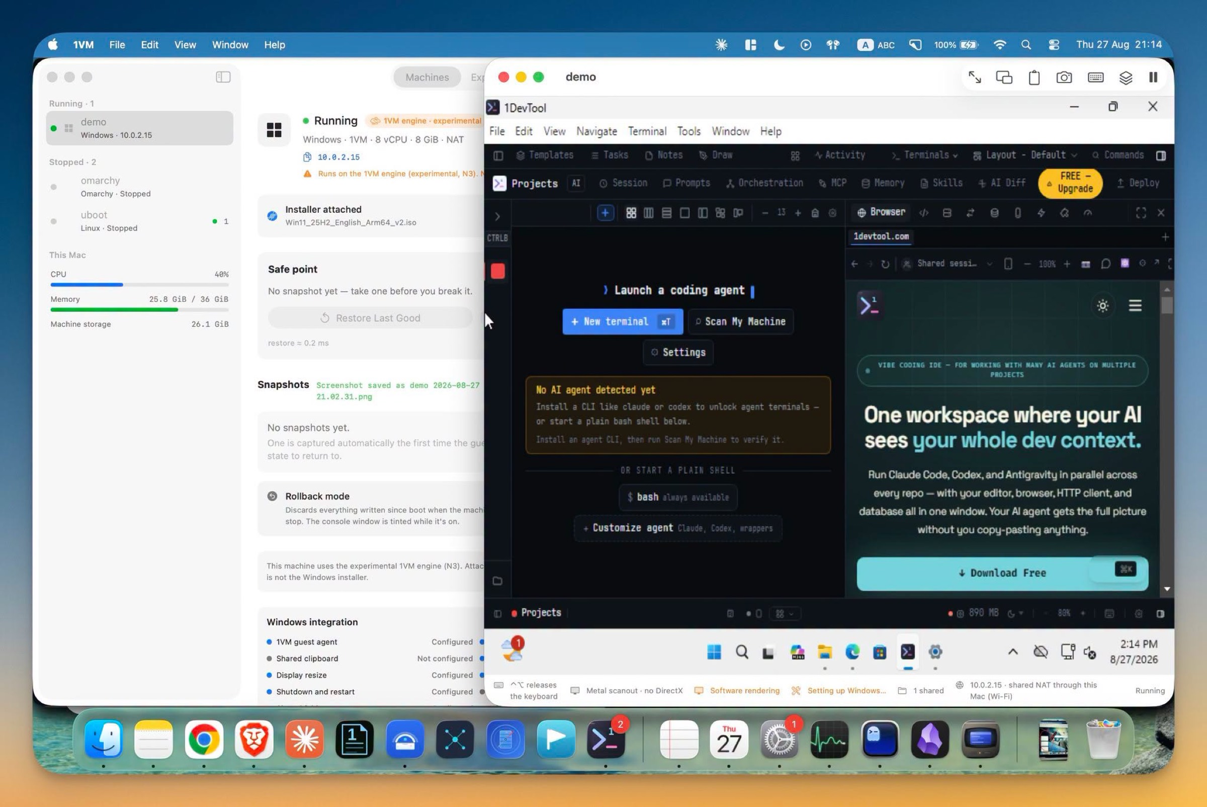 Windows 11 on ARM running a desktop application inside a 1VMTool console window, with the machine list and host meters beside it